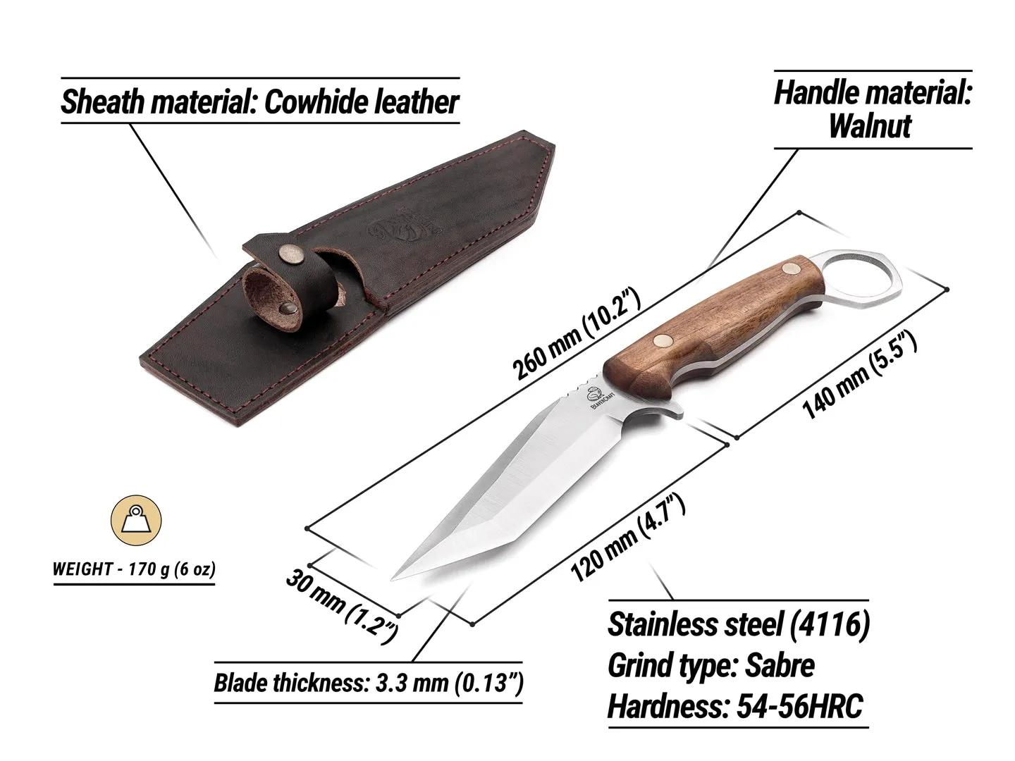 BeaverCraft CGK1 campkniv valnød + læderskede