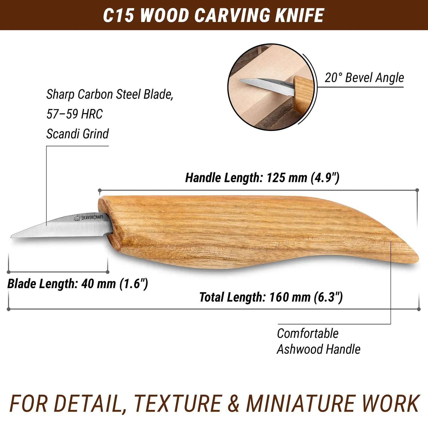 BeaverCraft C15 detaljekniv fin spids ask