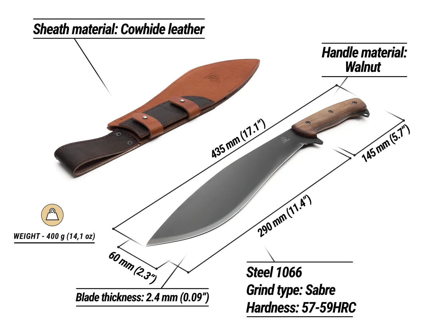 BeaverCraft KKR1 Kukri bushcraftkniv 290 mm læderskede