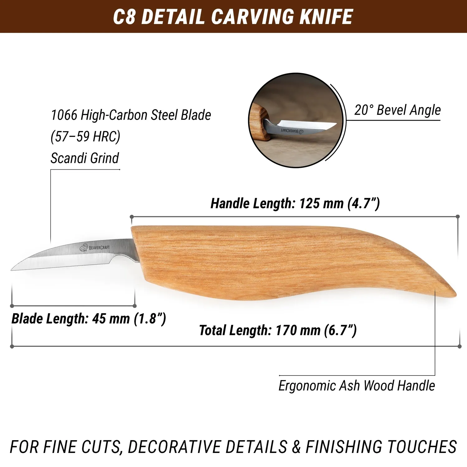 BeaverCraft C8 detaljekniv smal klinge askeskaft