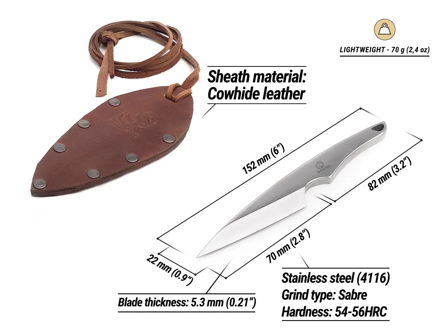 BeaverCraft NCK2 halskniv EDC-kniv med læderskede
