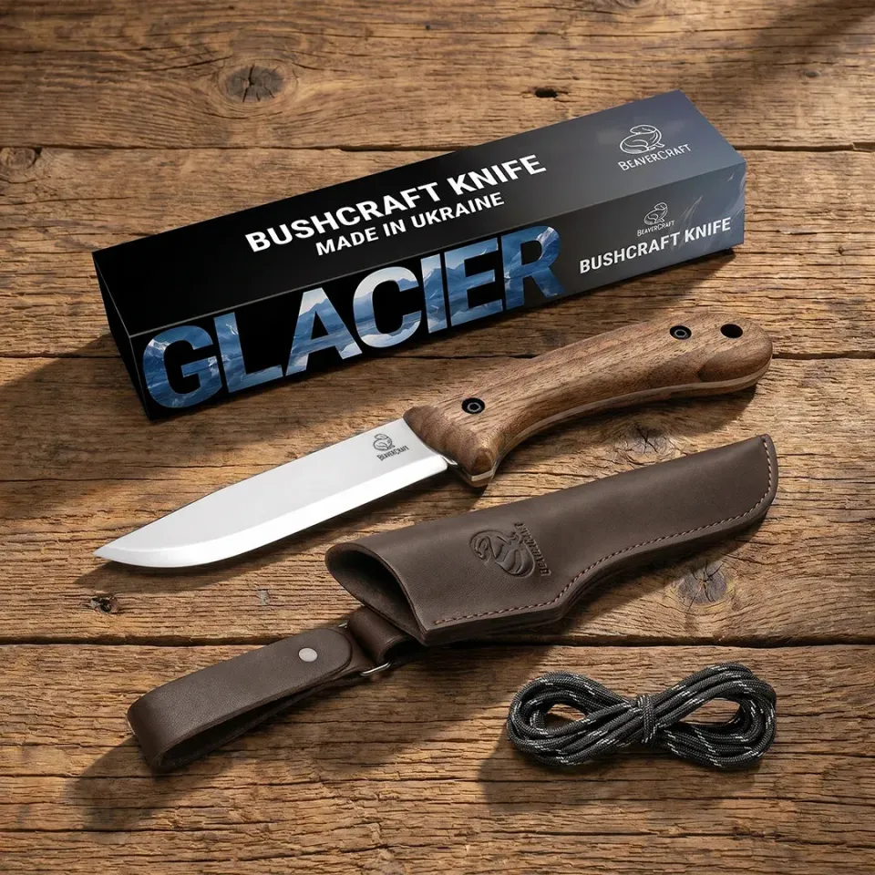 BeaverCraft Glacier bushcraftkniv carbonstål læderskede