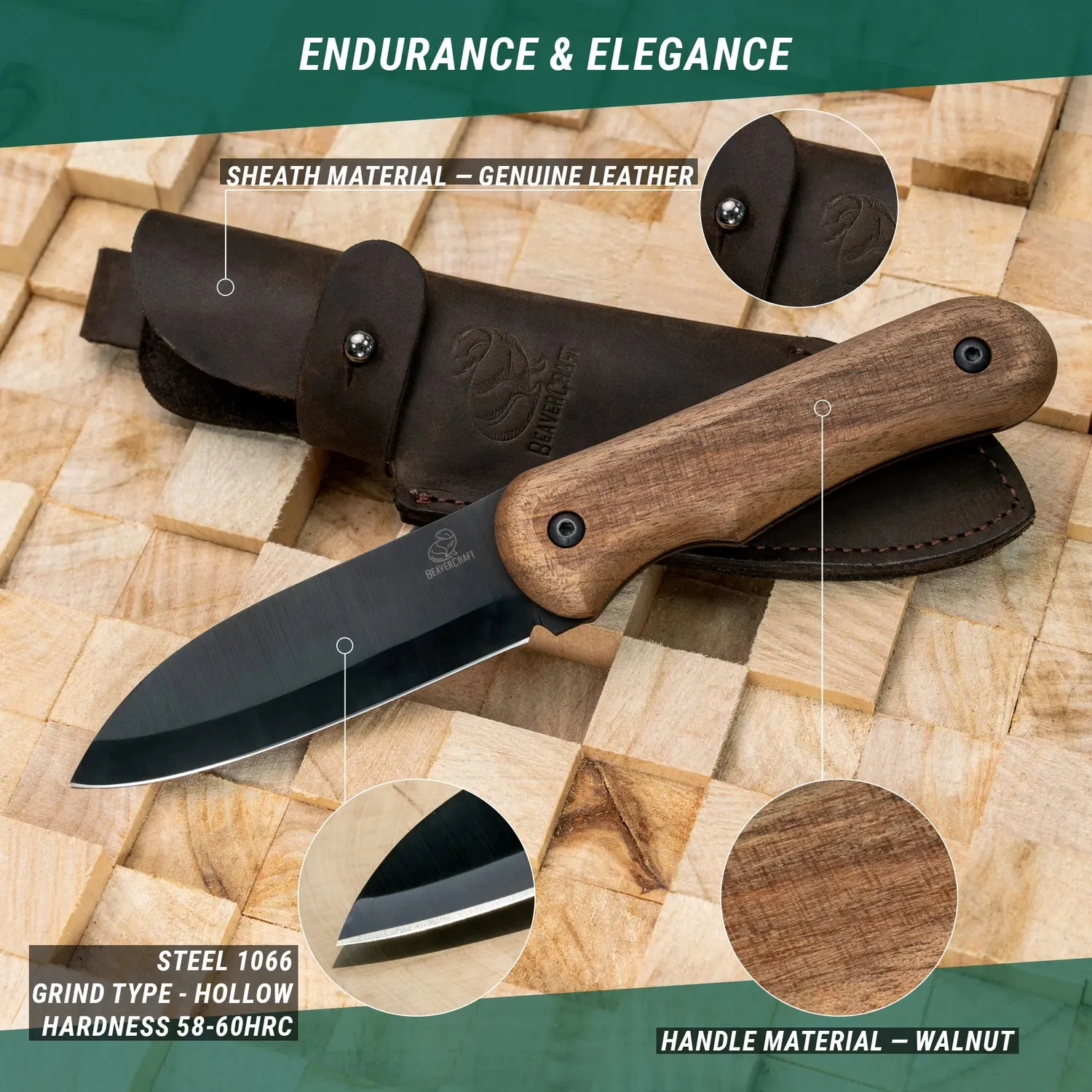 BeaverCraft bushcraft knivsæt 3 dele valnød