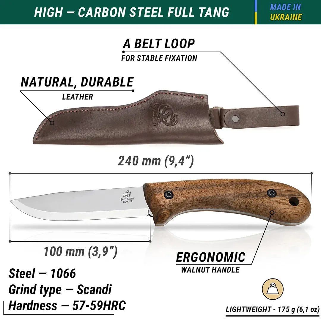BeaverCraft Glacier bushcraftkniv carbonstål læderskede