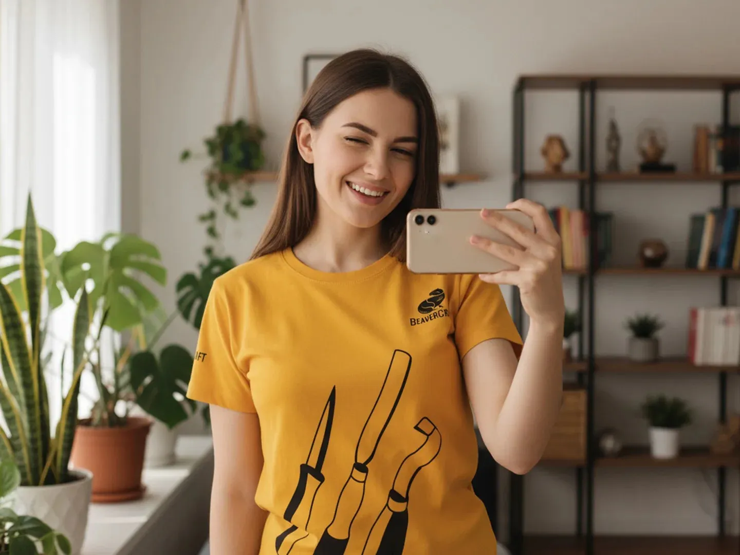 BeaverCraft T-shirt dame bomuld gul M værktøjstryk