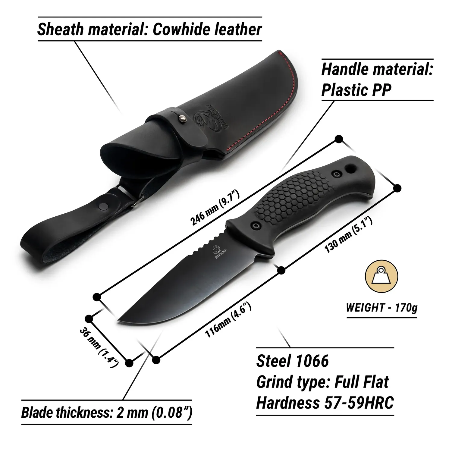 BeaverCraft CGK2 friluftskniv sort 246 mm læderskede
