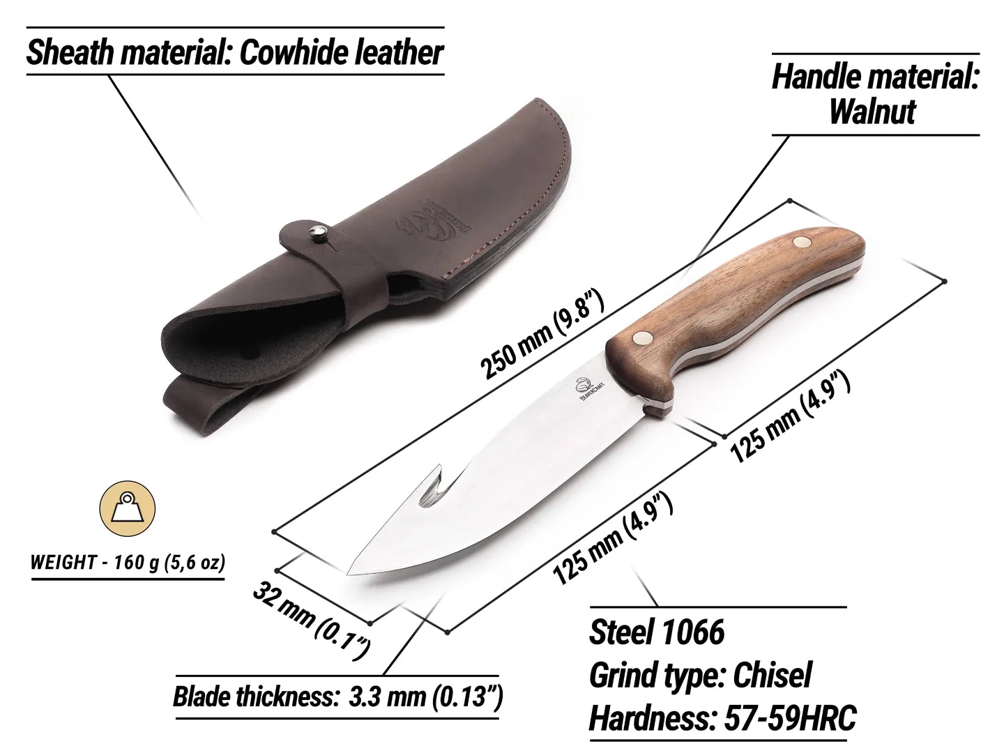 BeaverCraft GTK1 jagtkniv gut hook valnød