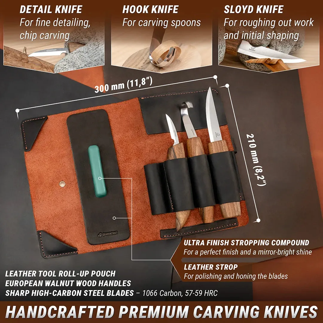 BeaverCraft Deluxe ske snitsæt 3 dele valnød